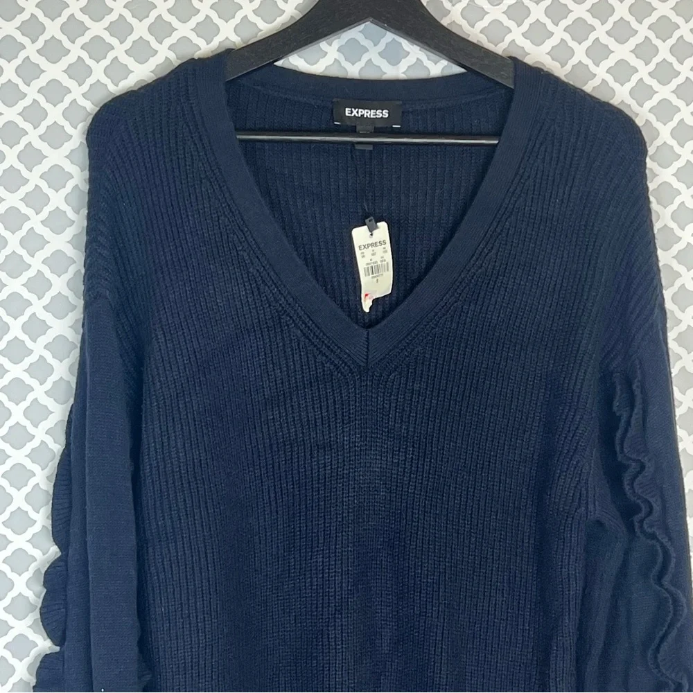 NWT Express Navy V Neck Ruffle Long Sleeve Knot Sweater